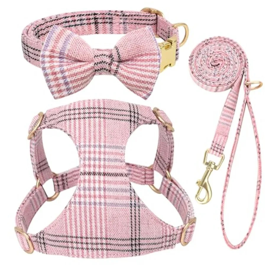 Dog Harness And Leash Set With Bowtie Soft Adjustable Plaid
