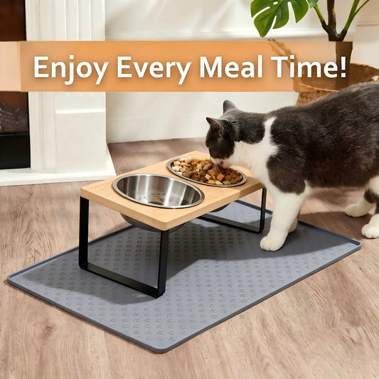 Elevated Tilted Cat Bowls With Wooden Stand And Stainless Bowls