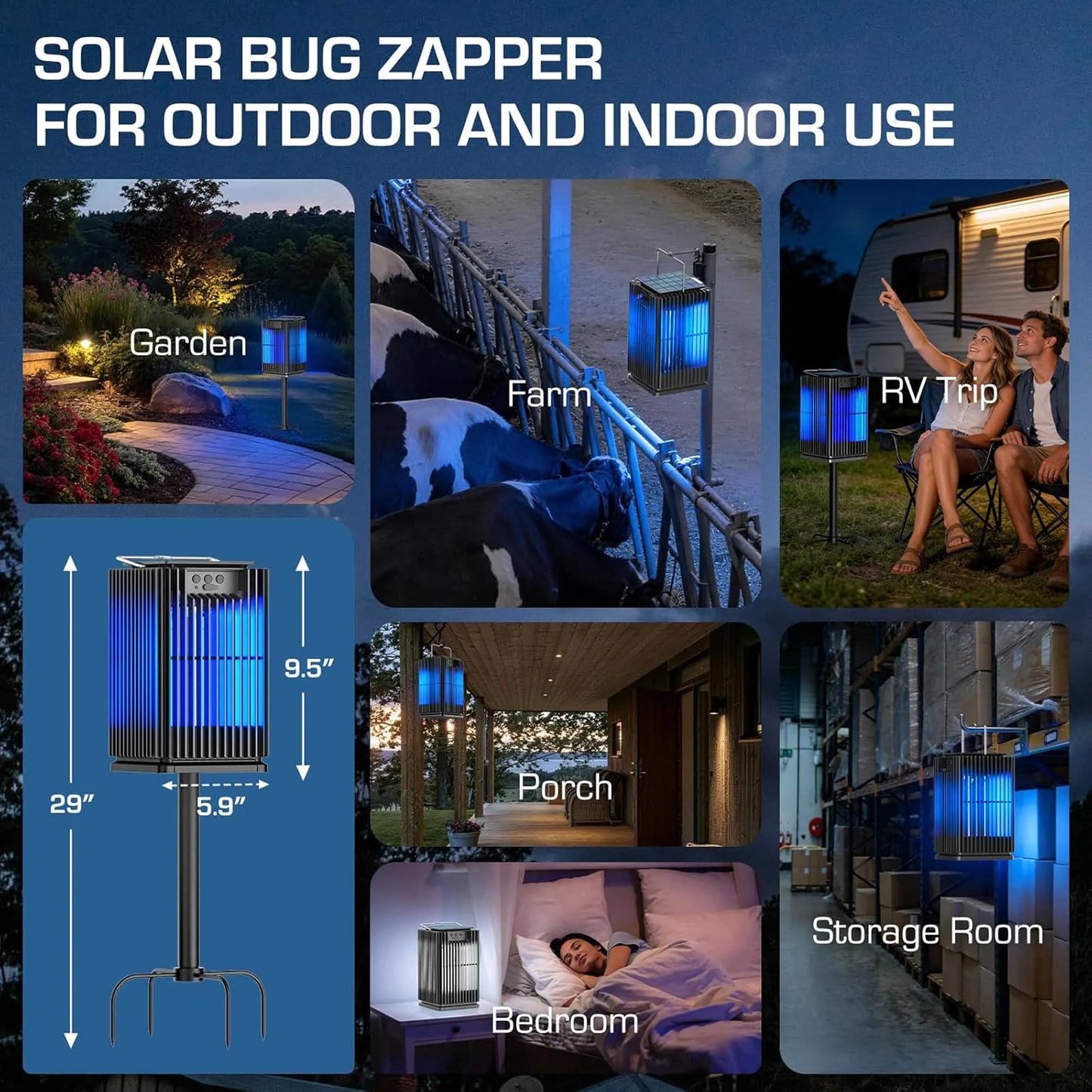 Solar Bug Zapper Outdoor Mosquito Zapper Cordless Waterproof Fly Zapper with Illuminated Light Ground Bracket