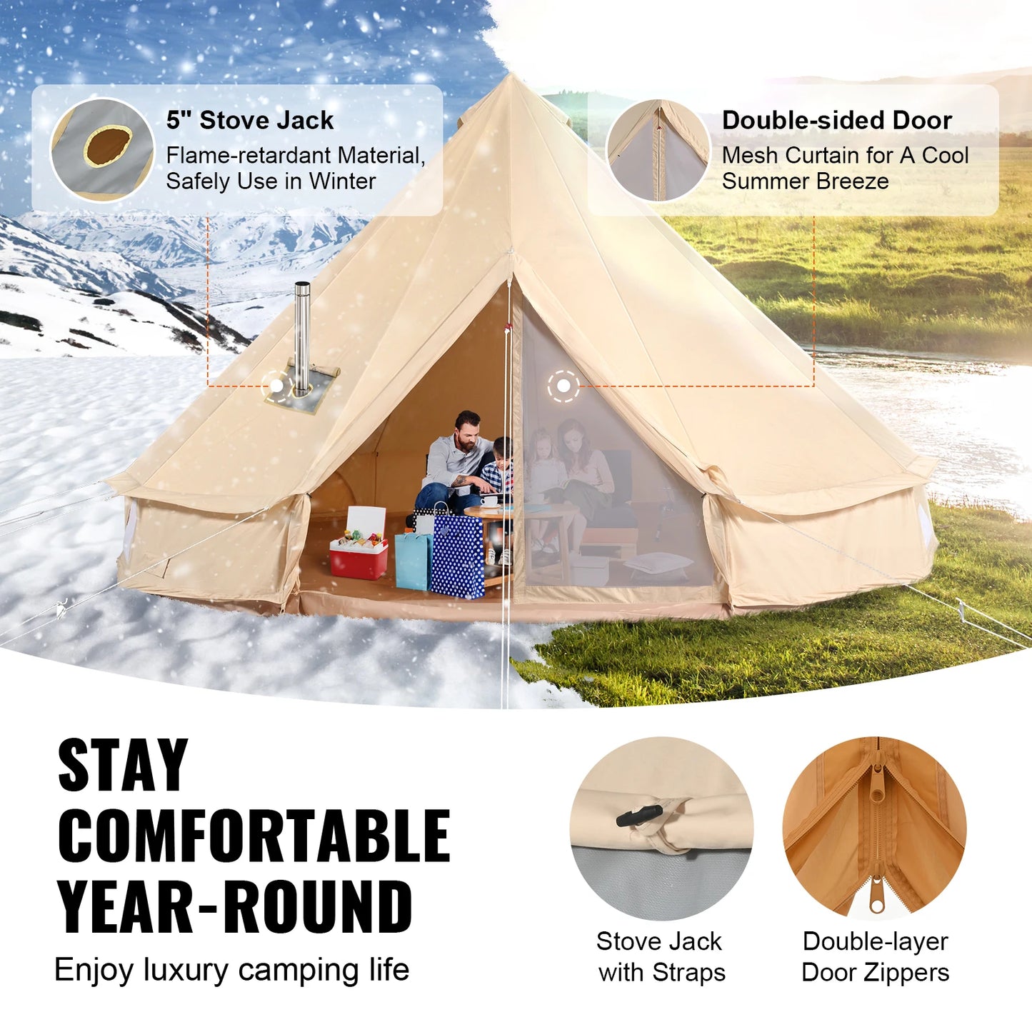 SucceBuy Canvas Bell Tent 4 Seasons 3/4/5/6/7m Yurt Tent Canvas Tent for Camping with Stove Breathable Tent Holds up to 8People
