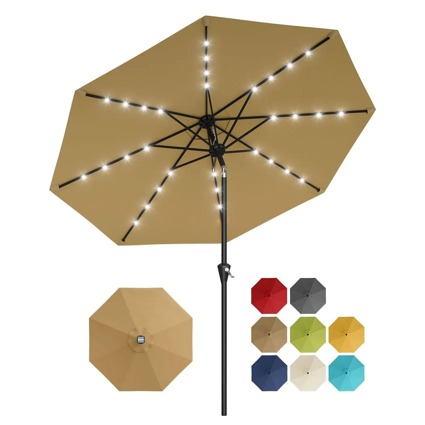 10FT Solar Powered Patio Umbrella With 32 LED Lights Khaki Large Outdoor Parasol Crank Lift And Push Button Tilt System 8 Sturdy Ribs UV Protection Waterproof Sun Umbrella For Garden Pool And Table
