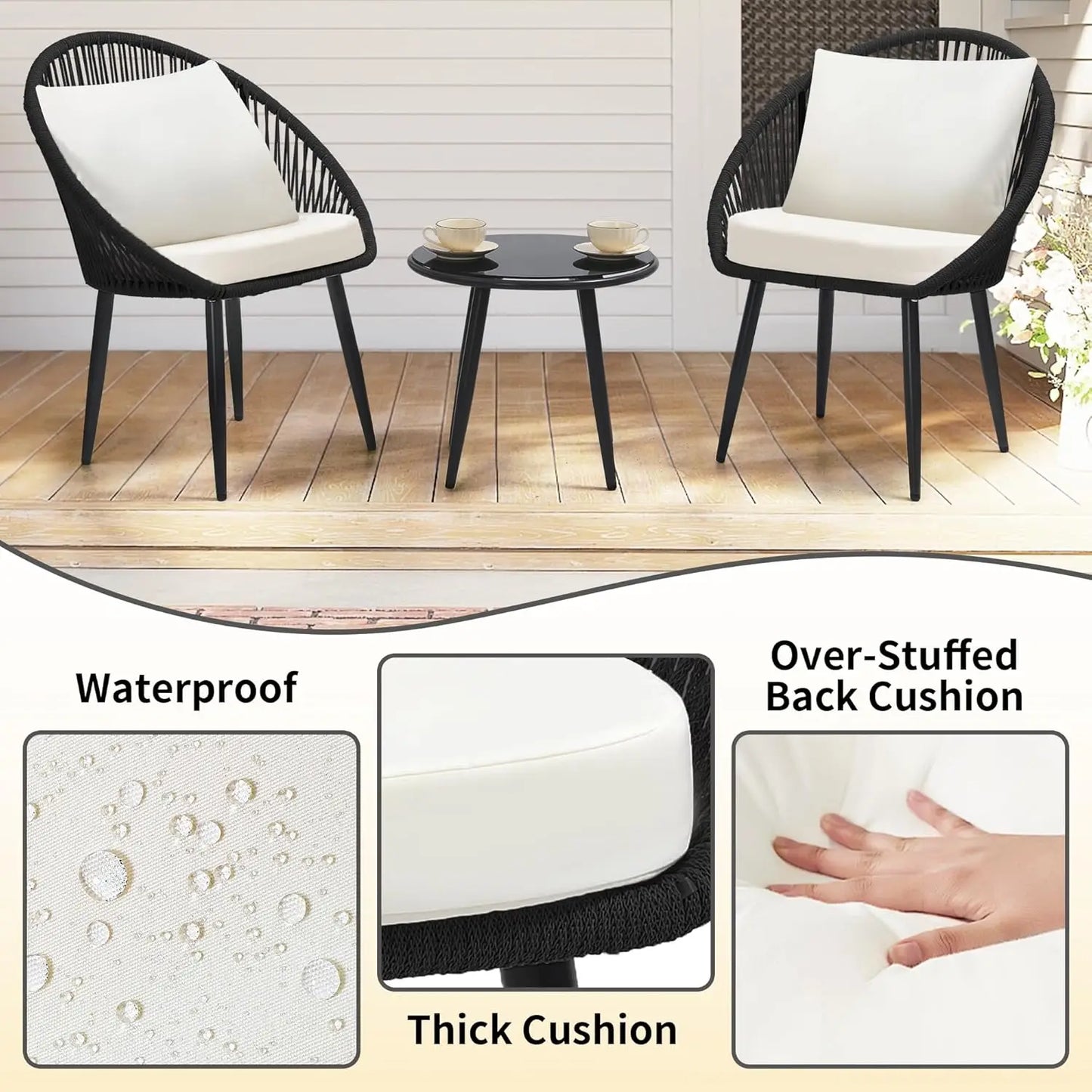 All Weather 3 Piece Bistro Set With Cushioned Rope Chairs