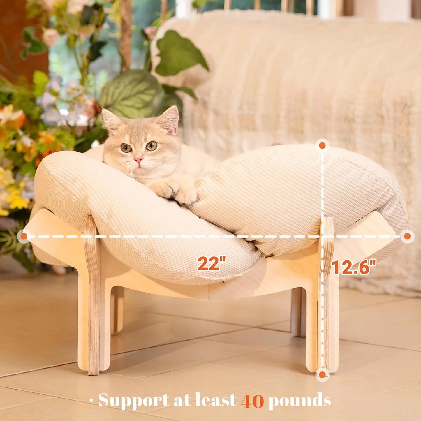Elevated Cat Bed Wooden with Cushion Fluffy Pet Couch Sofa for Indoor Cats Raised Kitty Lounge Chair Suitable for