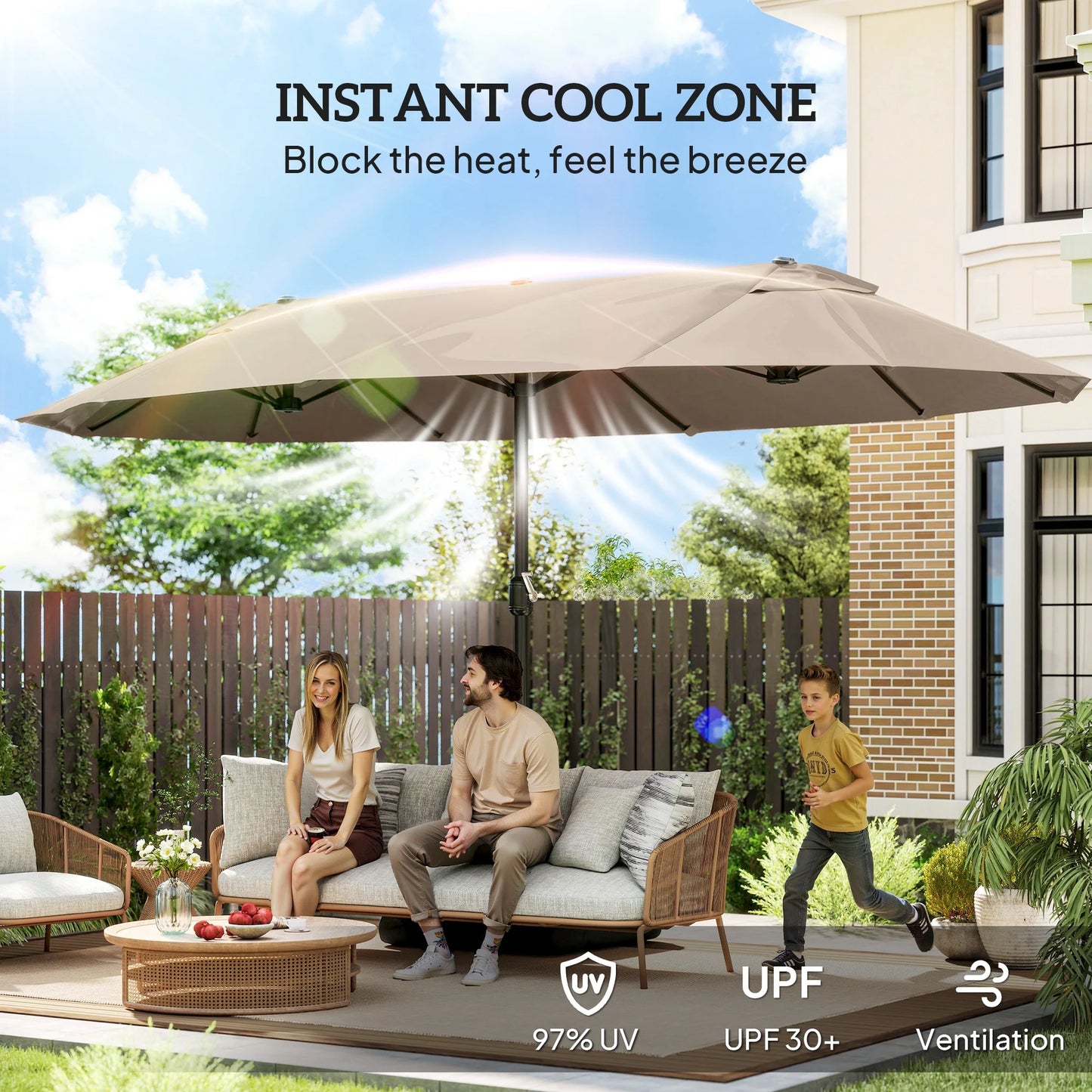 Patio Umbrella 15' Steel Rectangular Outdoor Double Sided Market with Base, Sun Protection & Easy Crank for Deck Pool Patio, Coffee