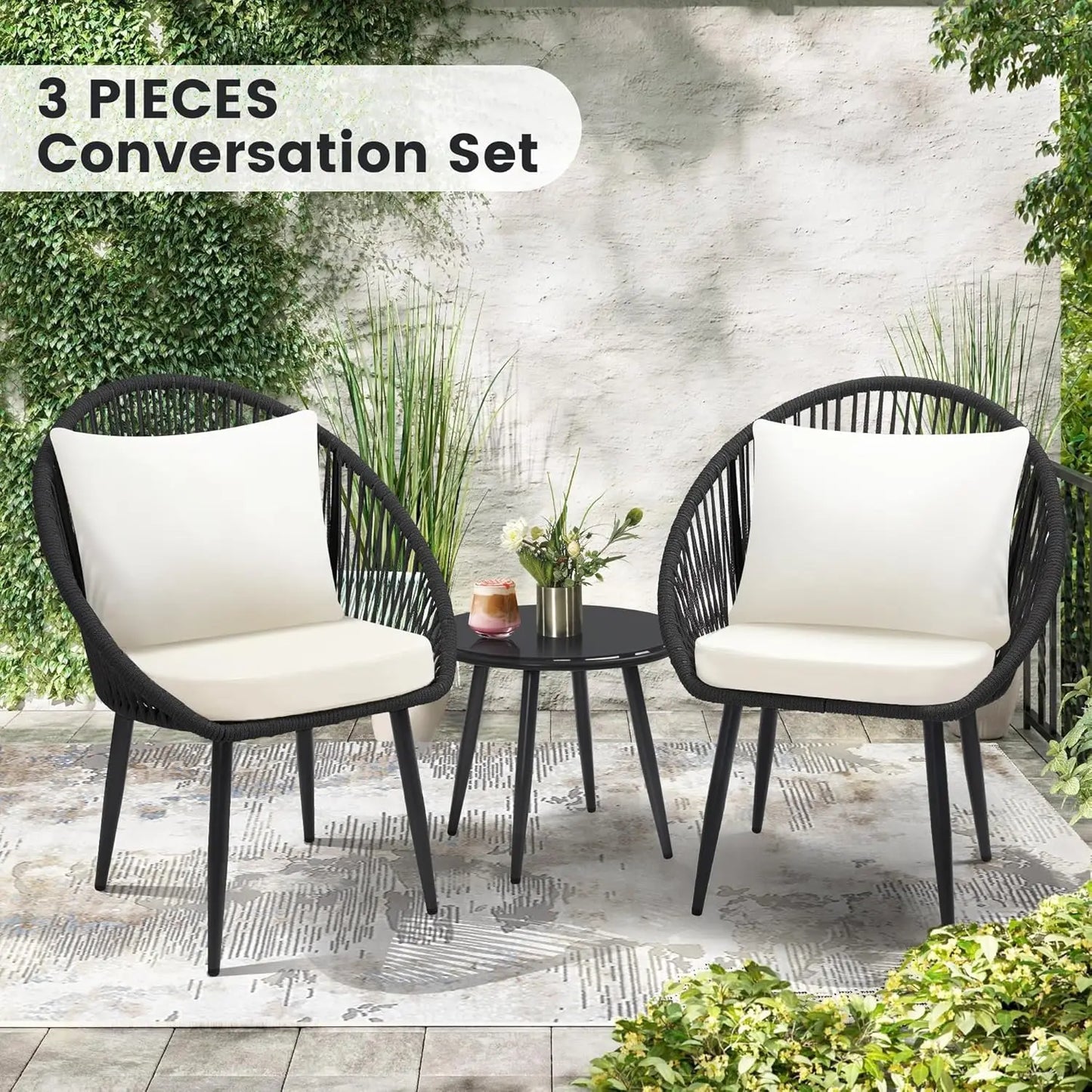 All Weather 3 Piece Bistro Set With Cushioned Rope Chairs