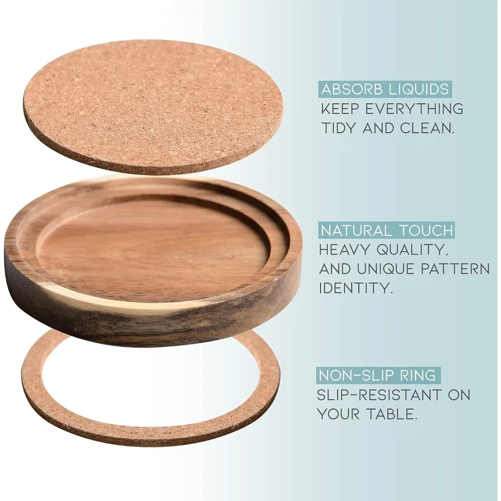Rustic Acacia Wood Coasters Set of 6, Absorbent Cork Inserts, 4.13 Inch, Stackable Cup Holders for Tables