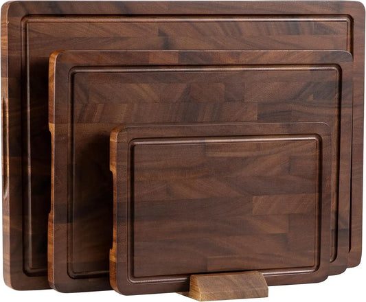 Walnut End Grain Cutting Board Set, Double Sided Butcher Block with Handle, Non Toxic Wooden Charcuterie Board for Kitchen, Gift Box