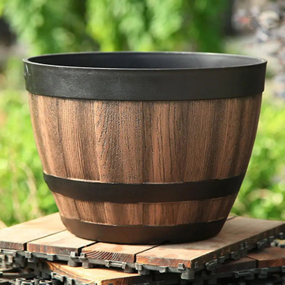 Rustic Faux Wood Whiskey Barrel Garden Planter With Drainage Holes