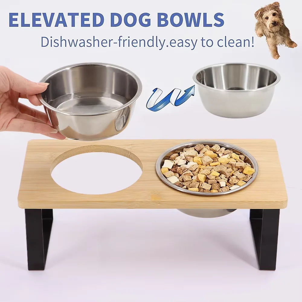 Elevated Tilted Cat Bowls With Wooden Stand And Stainless Bowls