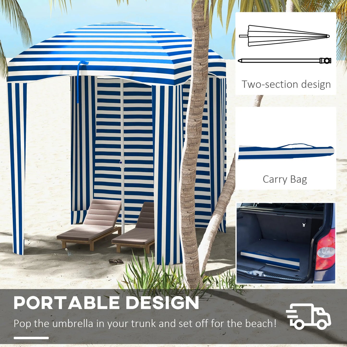Beach Cabana Umbrella with Bag, Windows, Blue White