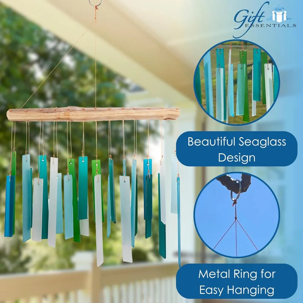 Handcrafted Sea Glass & Driftwood Wind Chime | Sandblasted Glass, Natural Wood, Soft Coastal Tones