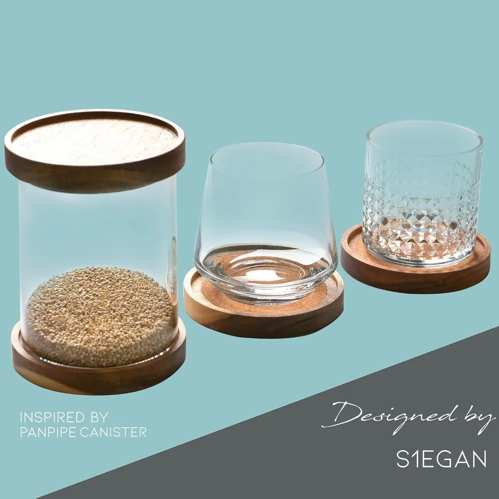 Rustic Acacia Wood Coasters Set of 6, Absorbent Cork Inserts, 4.13 Inch, Stackable Cup Holders for Tables