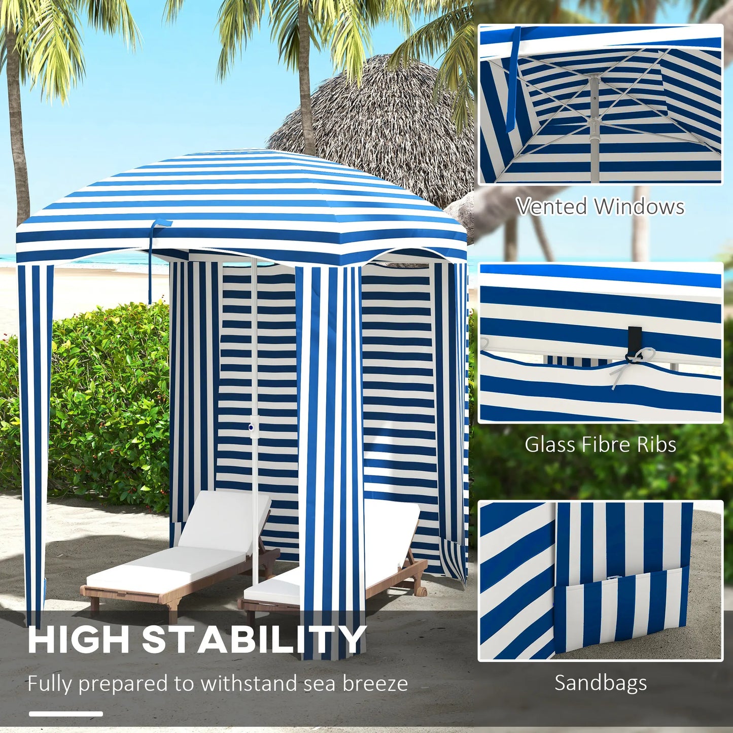 Beach Cabana Umbrella with Bag, Windows, Blue White