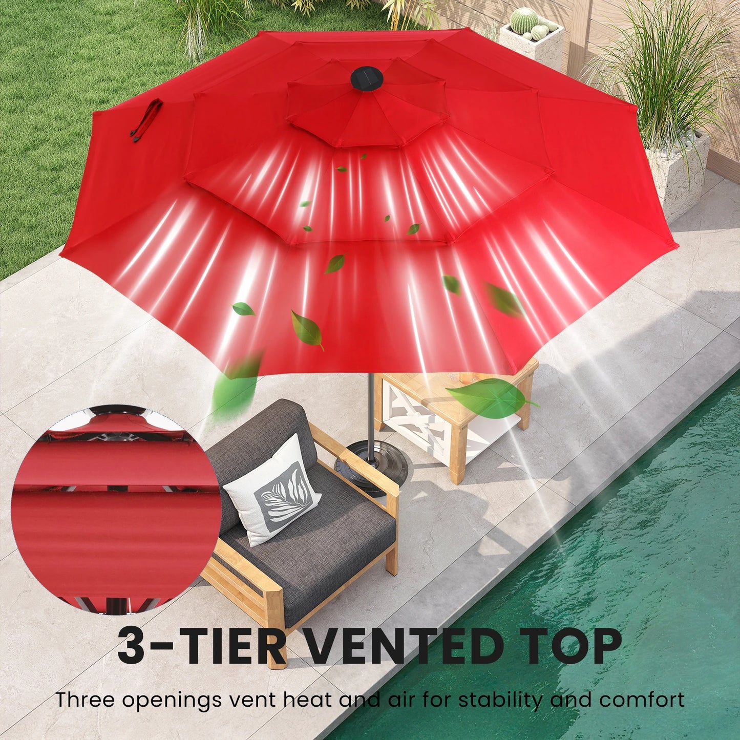 Outdoor Solar Patio Umbrella With 32 LED Lights UV Resistant