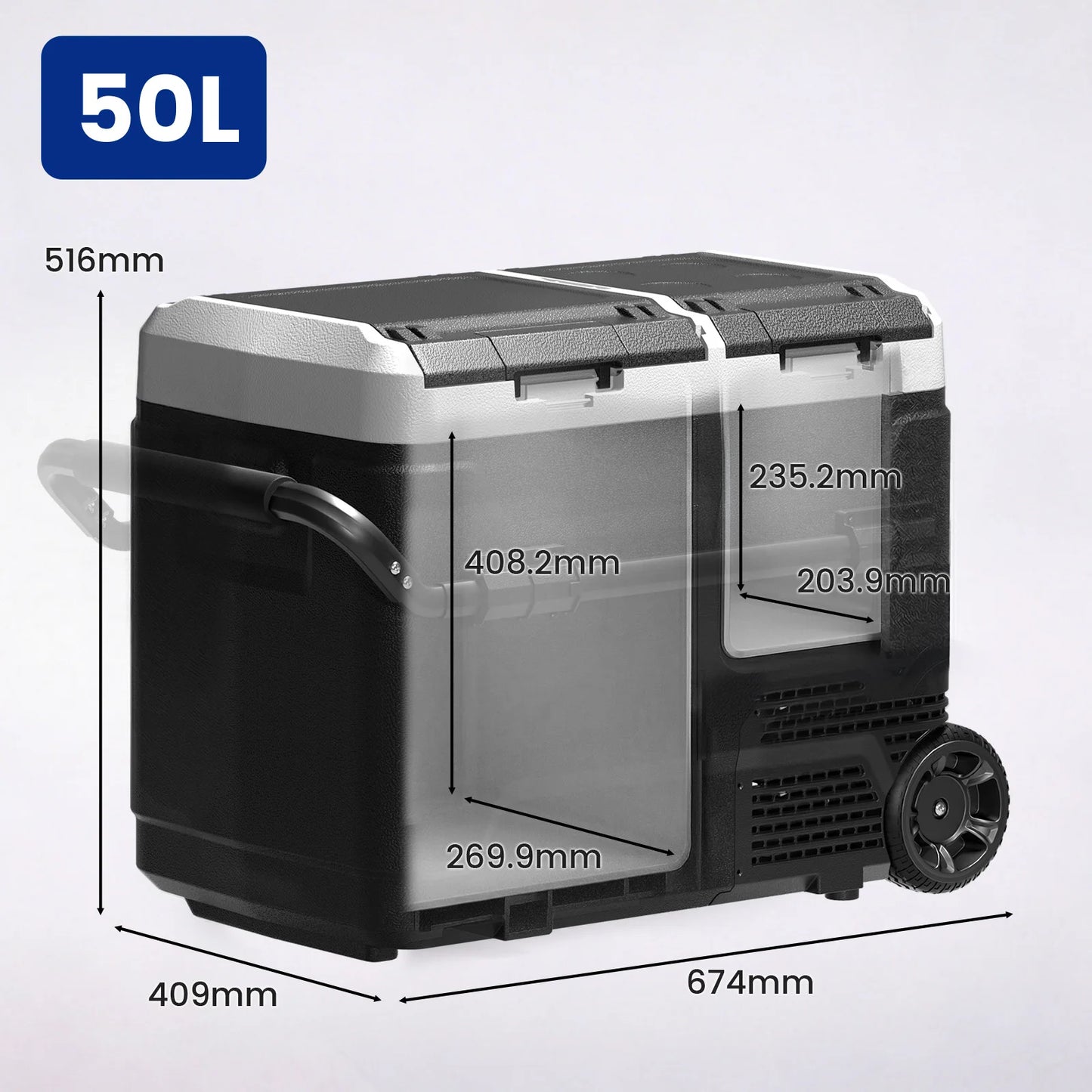 Hcalory PM+ Series Car Refrigerator 40L 50L Independent Dual Zone Smart App -20°C to 20°C 12V 24V 230V Wheels Divider 45dB Quiet for Motorhome Truck Camping