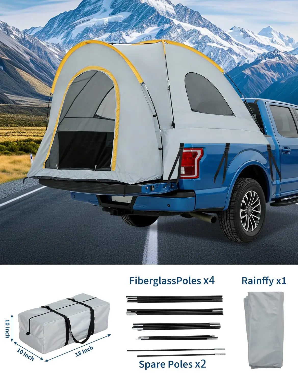 Waterproof Double Layer Pickup Truck Bed Tent with Awning – Portable Camping Shelter for 2–3 Persons, Fits 5–8.2 ft Beds – Compatible with Chevrolet Silverado 1500, F150, Ram 1500 – Includes