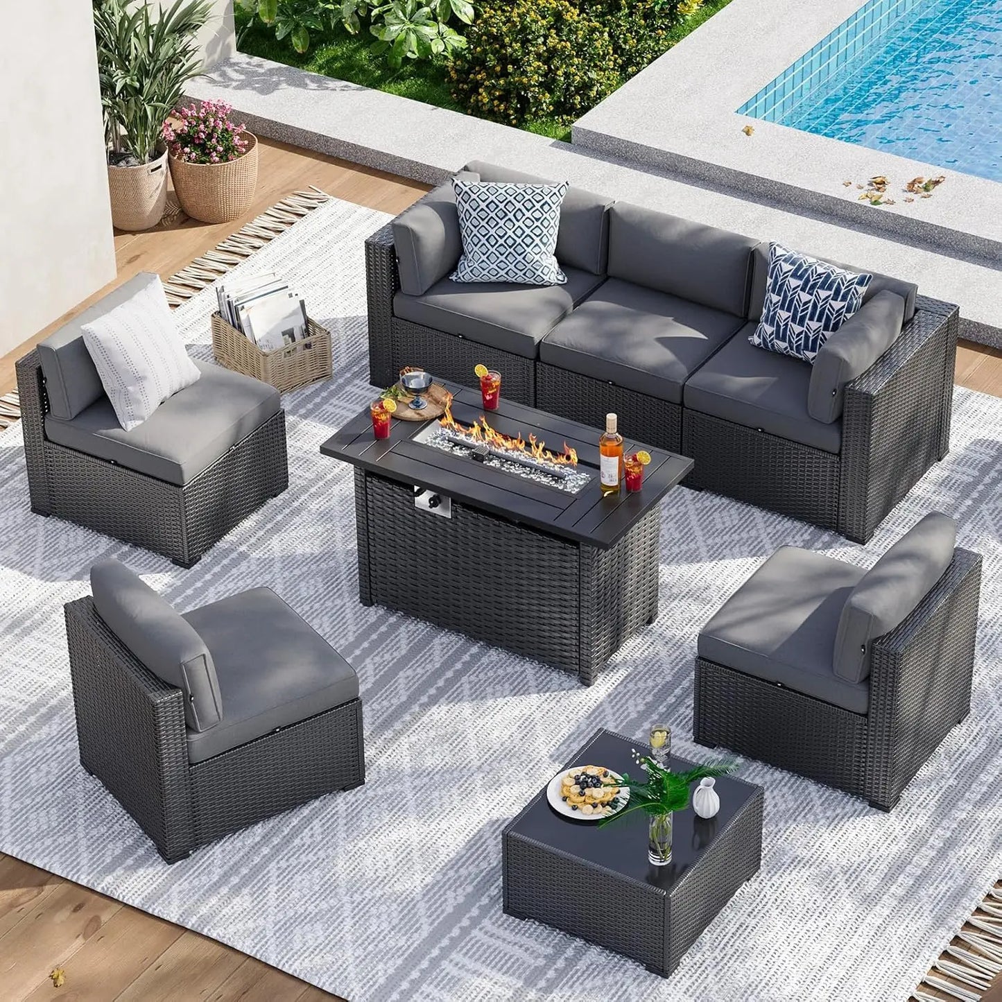 Patio Furniture Set With Fire Pit Table And Wicker Sofa