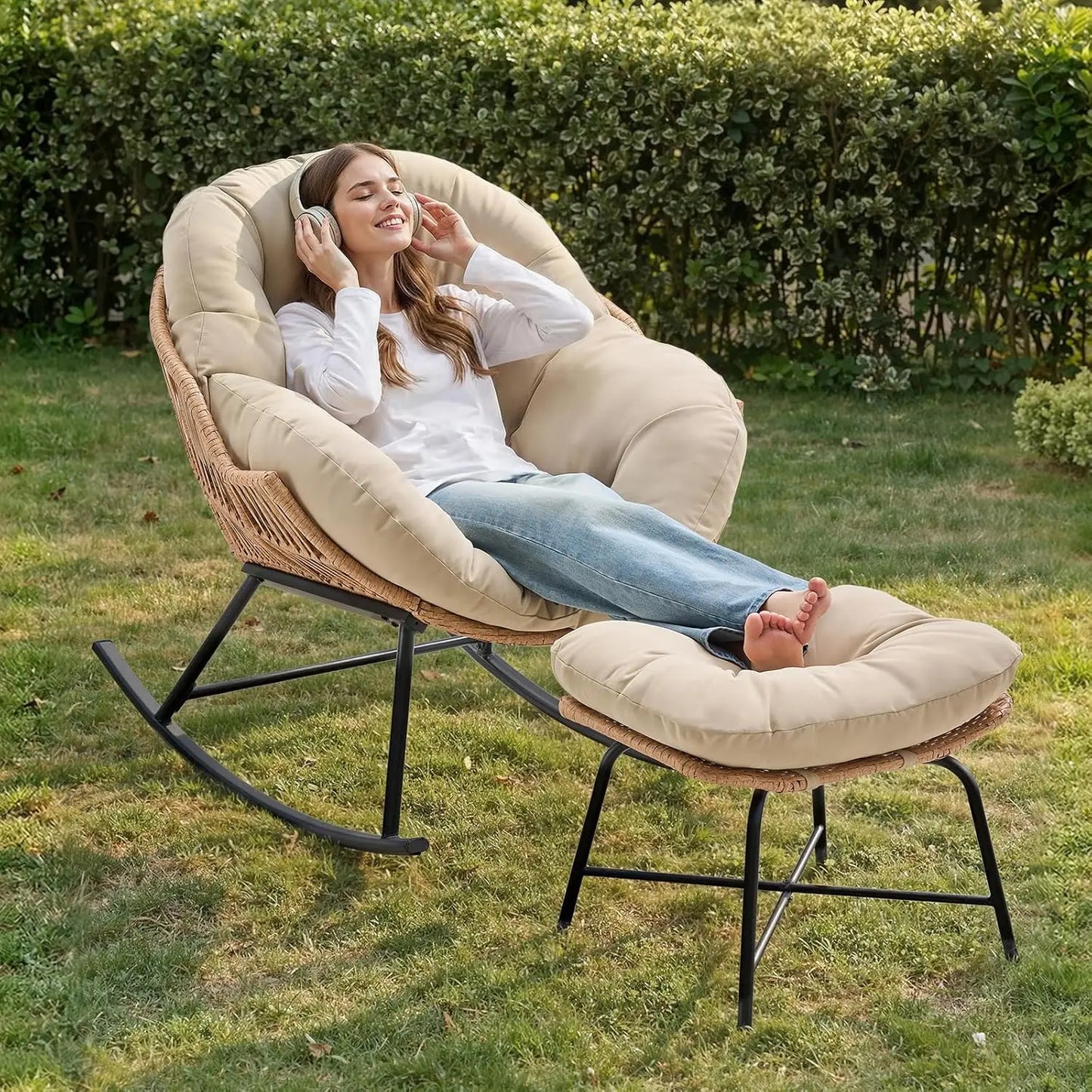 Papasan Rocking Chair With Ottoman For Indoor And Outdoor Living