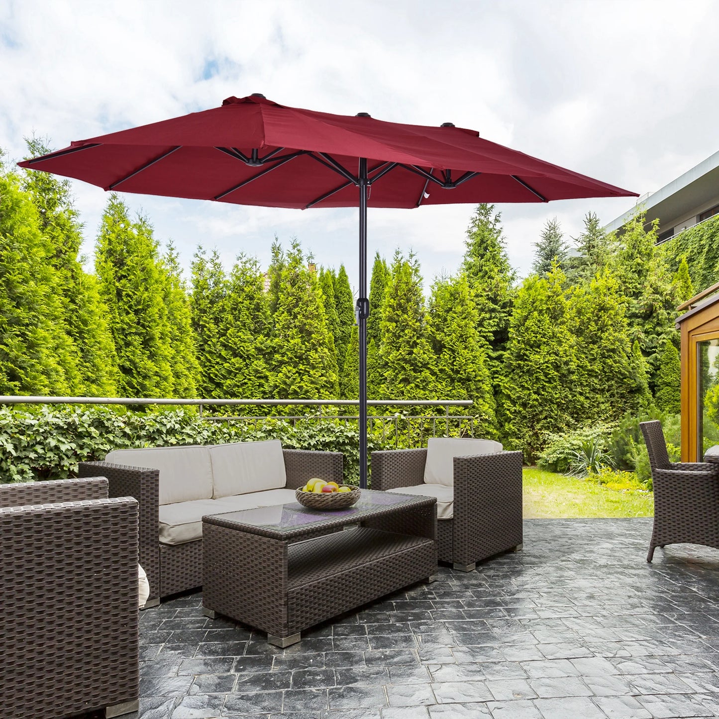 Extra Large 15ft Patio Umbrella, Double-Sided Outdoor Umbrella with Crank Handle and Air Vents for Backyard, Deck, Pool, Market, Red