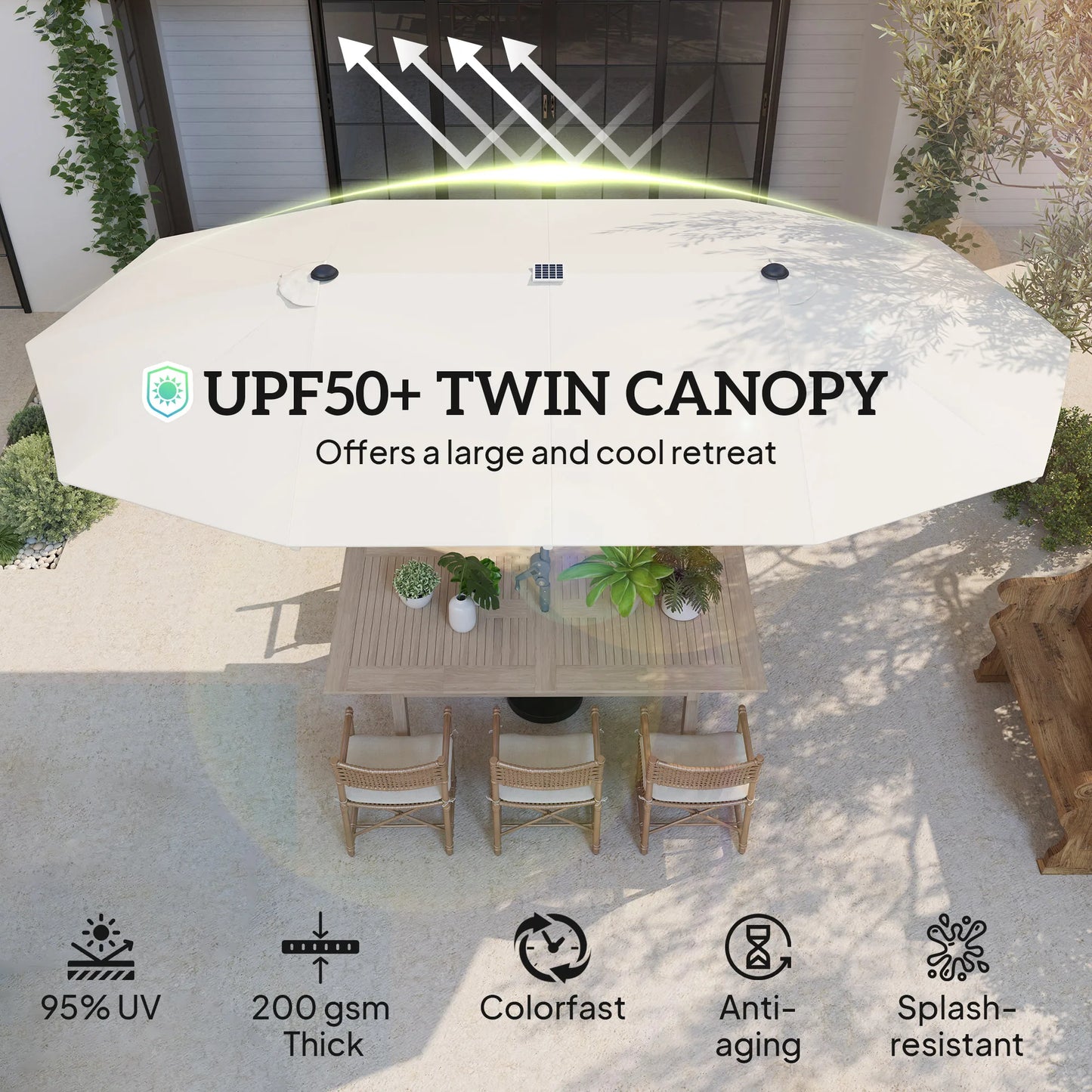 15ft Patio Umbrella Solar Lights UPF50+ Outdoor Umbrella Cream