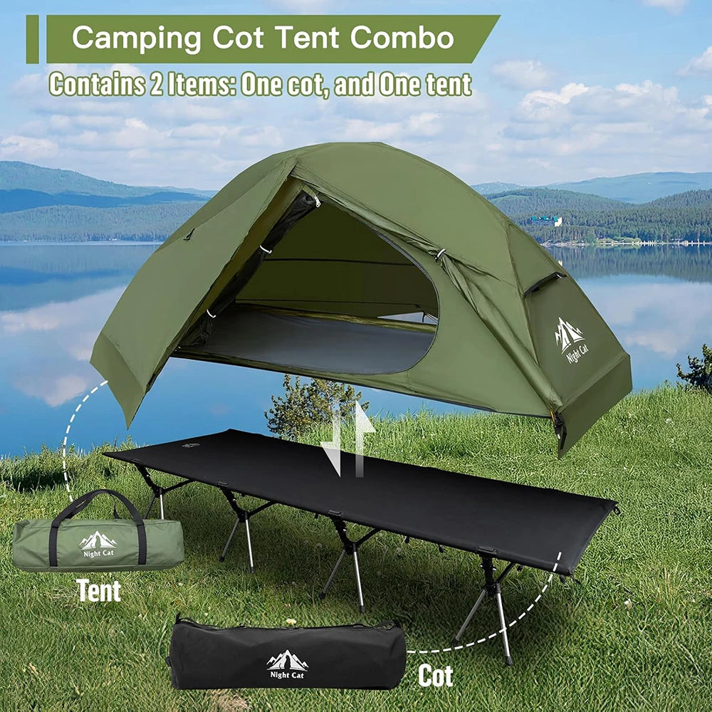 Night Cat Camping Cot Tent - Waterproof 1-Person Off-Ground Combo Cot Bed for Adults Outdoor Camping Fishing Hunting Portable Easy Set-up Tent