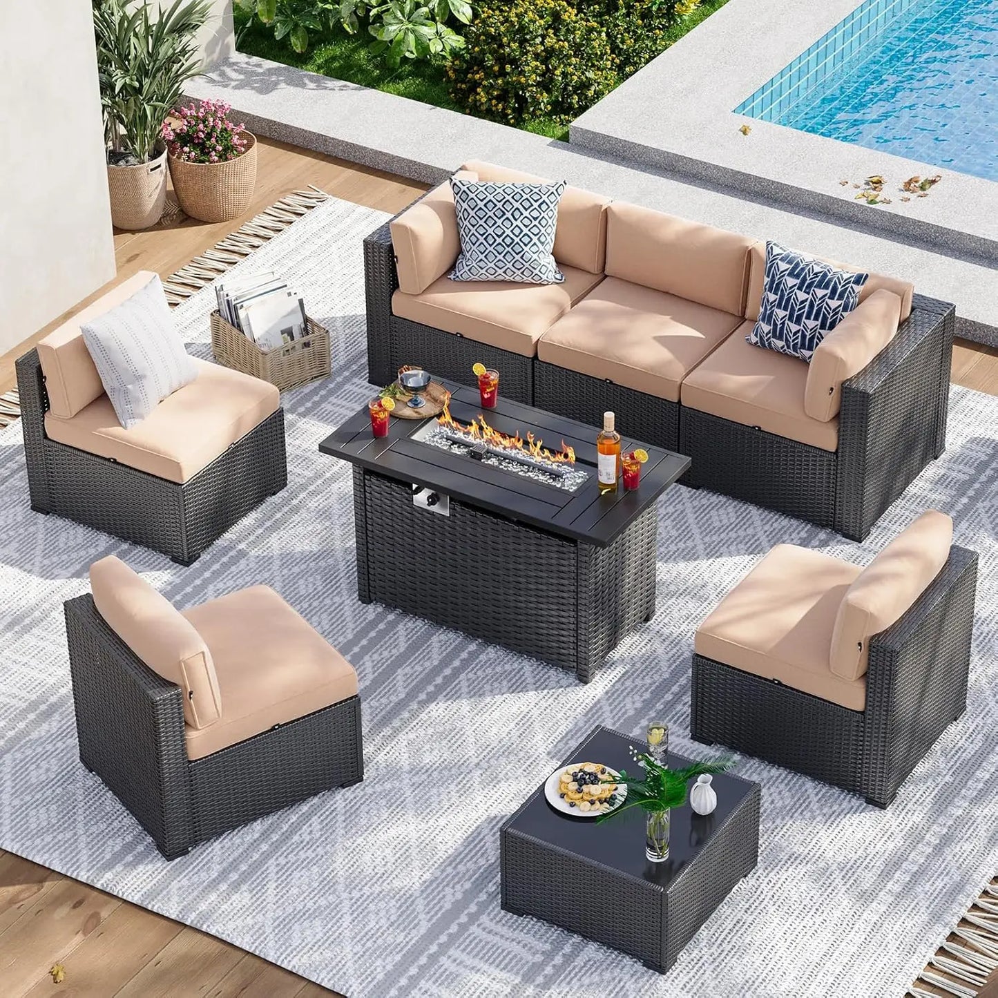 Patio Furniture Set With Fire Pit Table And Wicker Sofa