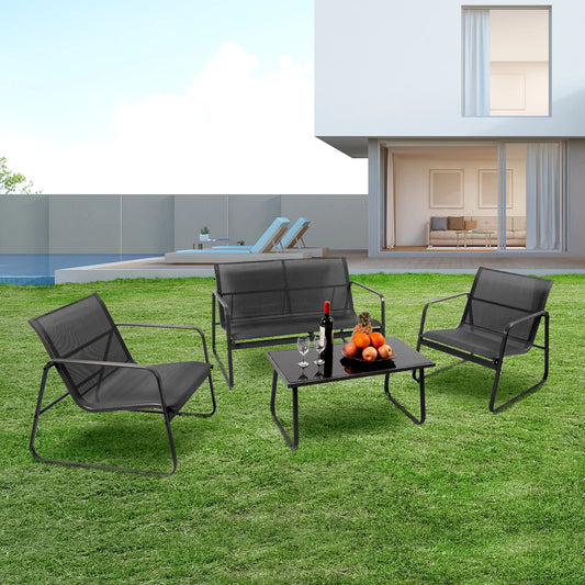 JHK Outdoor Patio Furniture 4 Pieces Set with Table Metal Frame Lumbar Support Mesh Backrest Sectional Balcony Sets for Garden