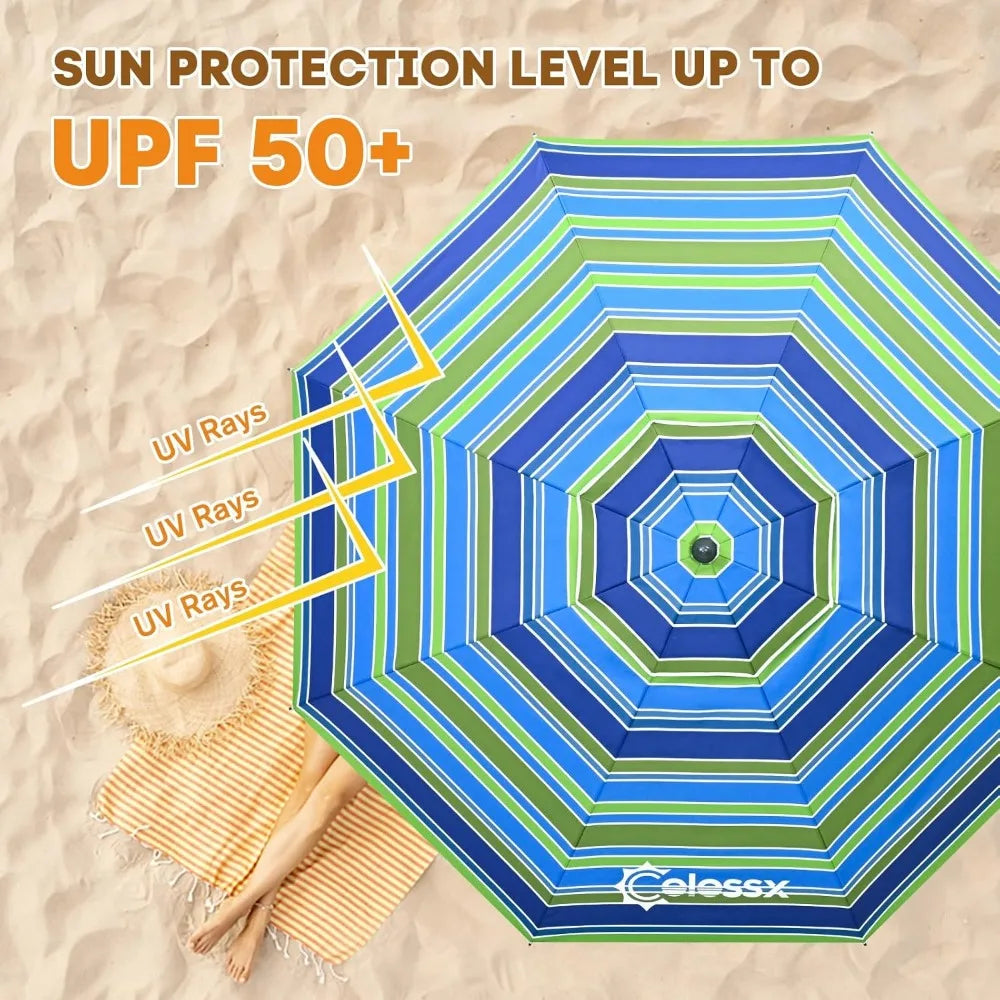 Heavy Duty Windproof Beach Umbrella with Sand Anchor UPF50 UV Tilt Portable Sun Shade for Outdoor Use