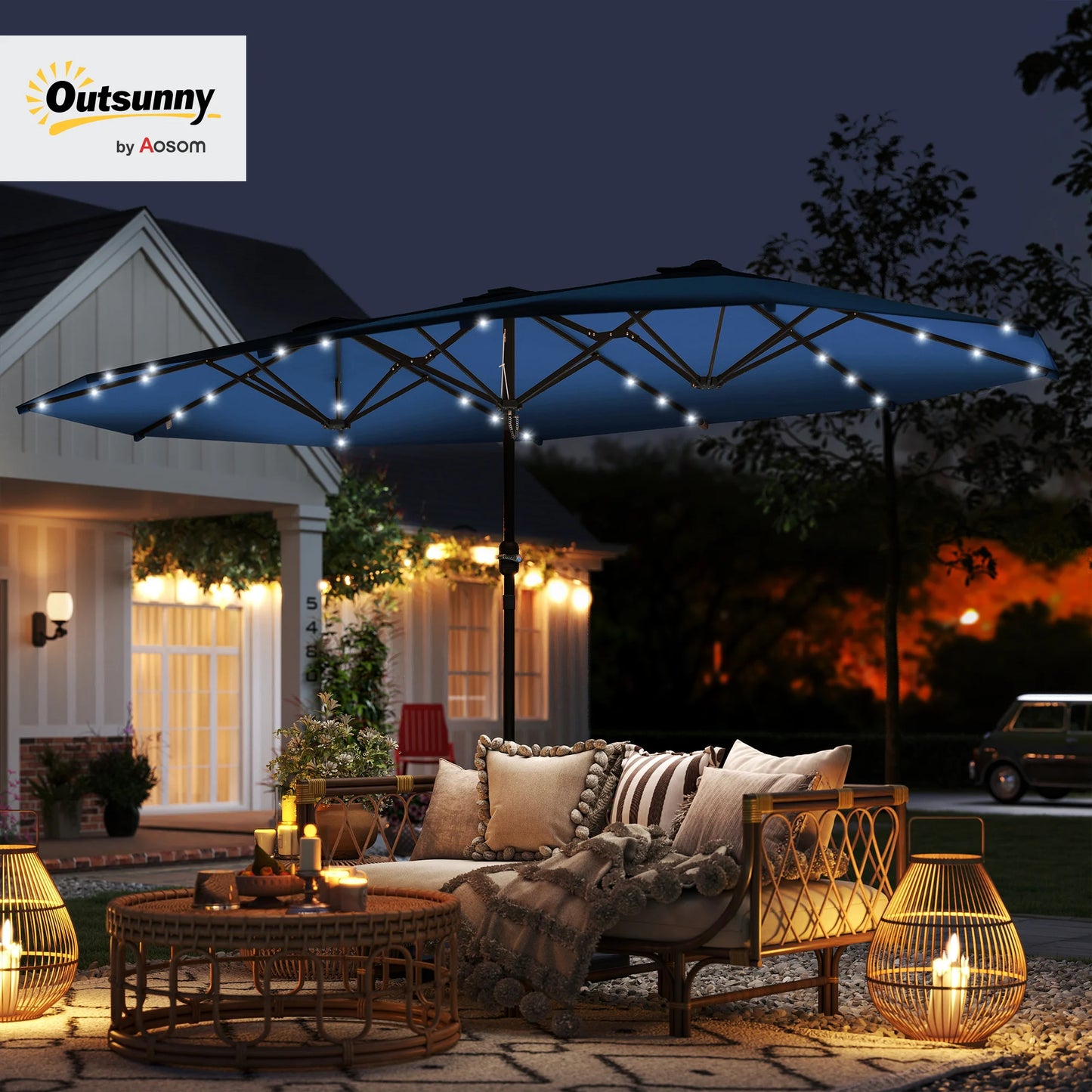 Double-Sided Sun Umbrella, Outdoor Garden Parasol, Patio Sun Shade with Led Solar Light, Sand Base, Navy Blue