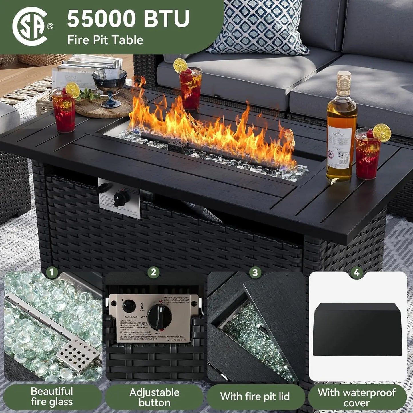 Patio Furniture Set With Fire Pit Table And Wicker Sofa