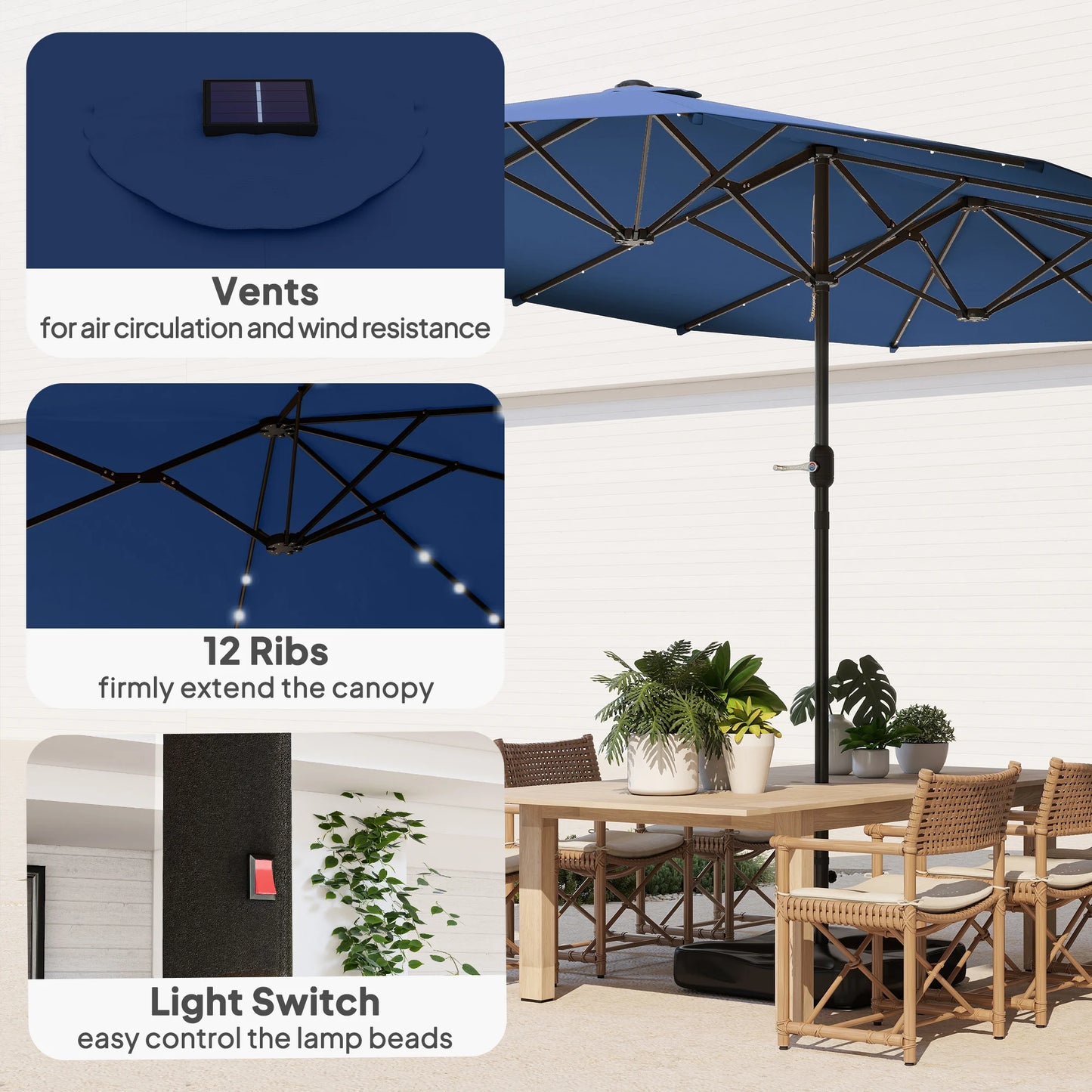 Double-Sided Sun Umbrella, Outdoor Garden Parasol, Patio Sun Shade with Led Solar Light, Sand Base, Navy Blue