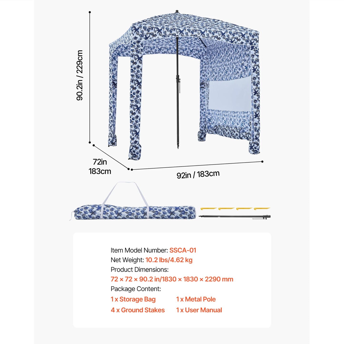 VEVOR Beach Cabana 6 x 6ft/8 x 8ft Beach Canopy with Side Wall Shade Sun Shelter Umbrella with Sand Pockets for Whole Family