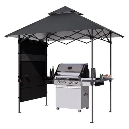 8x5 Pop Up Grill Gazebo - Outdoor BBQ Canopy with Shelf & Sidewall, Portable Barbeque Shelter with 2 Magnetic LED