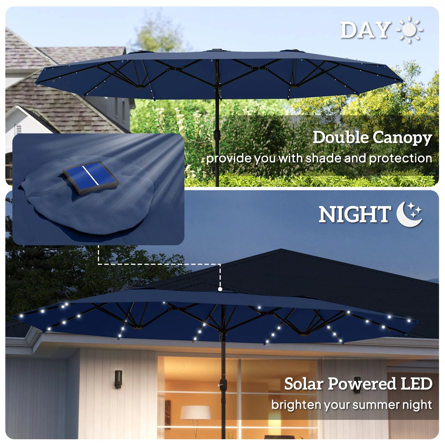 Double-Sided Sun Umbrella, Outdoor Garden Parasol, Patio Sun Shade with Led Solar Light, Sand Base, Navy Blue