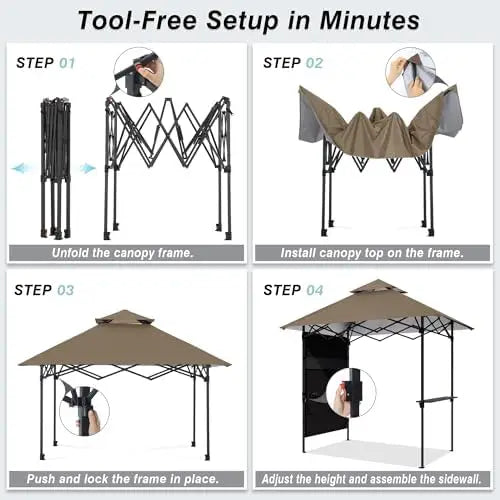 8x5 Pop Up Grill Gazebo - Outdoor BBQ Canopy with Shelf & Sidewall, Portable Barbeque Shelter with 2 Magnetic LED