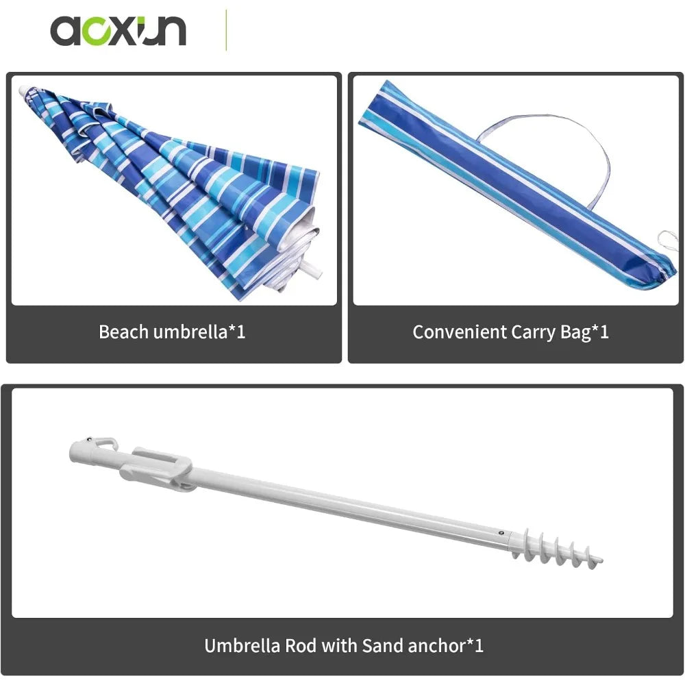 65FT Beach Umbrella Tilt Pole Sand Anchor Carry Bag UPF50 Sun Shelter Air Vents Outdoor Navy White