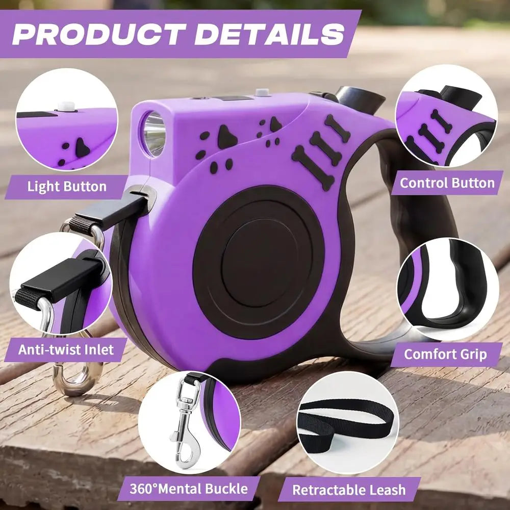 Retractable Dog Leash With USB Rechargeable Flashlight For Night Walks