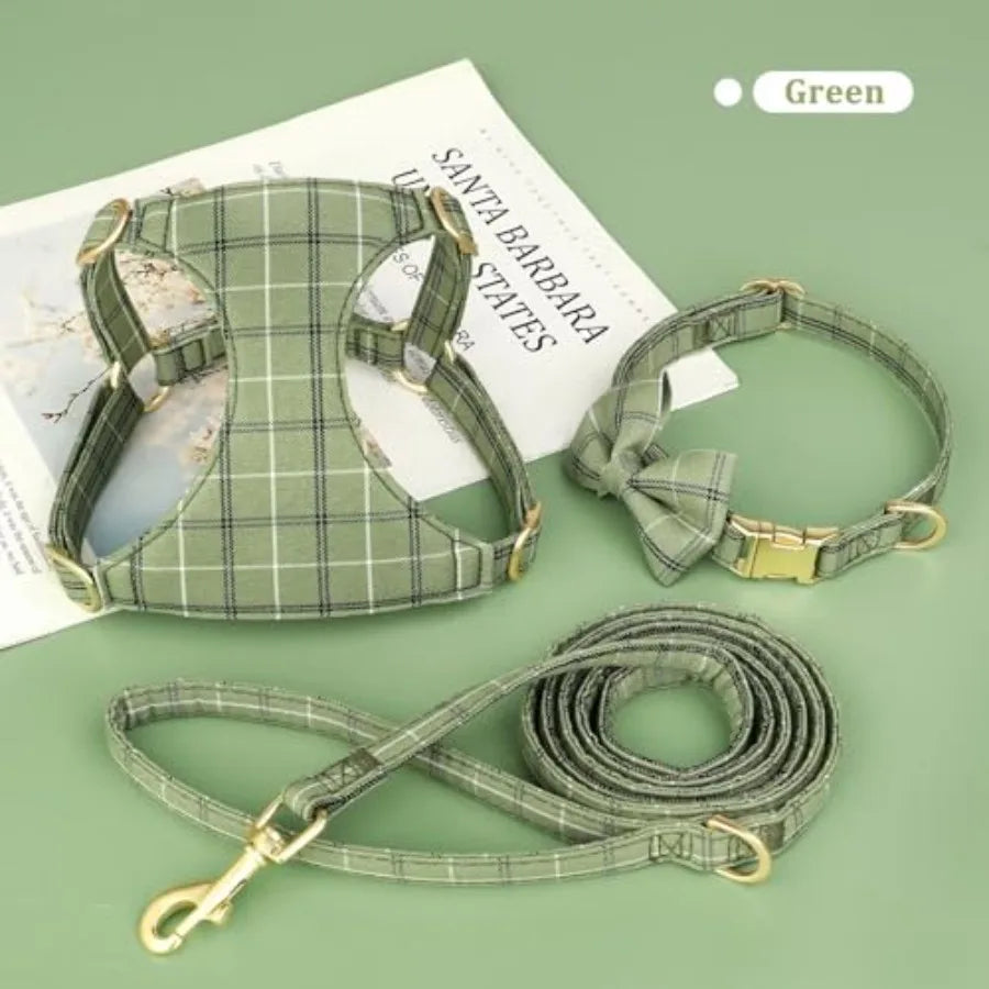 Dog Harness And Leash Set With Bowtie Soft Adjustable Plaid