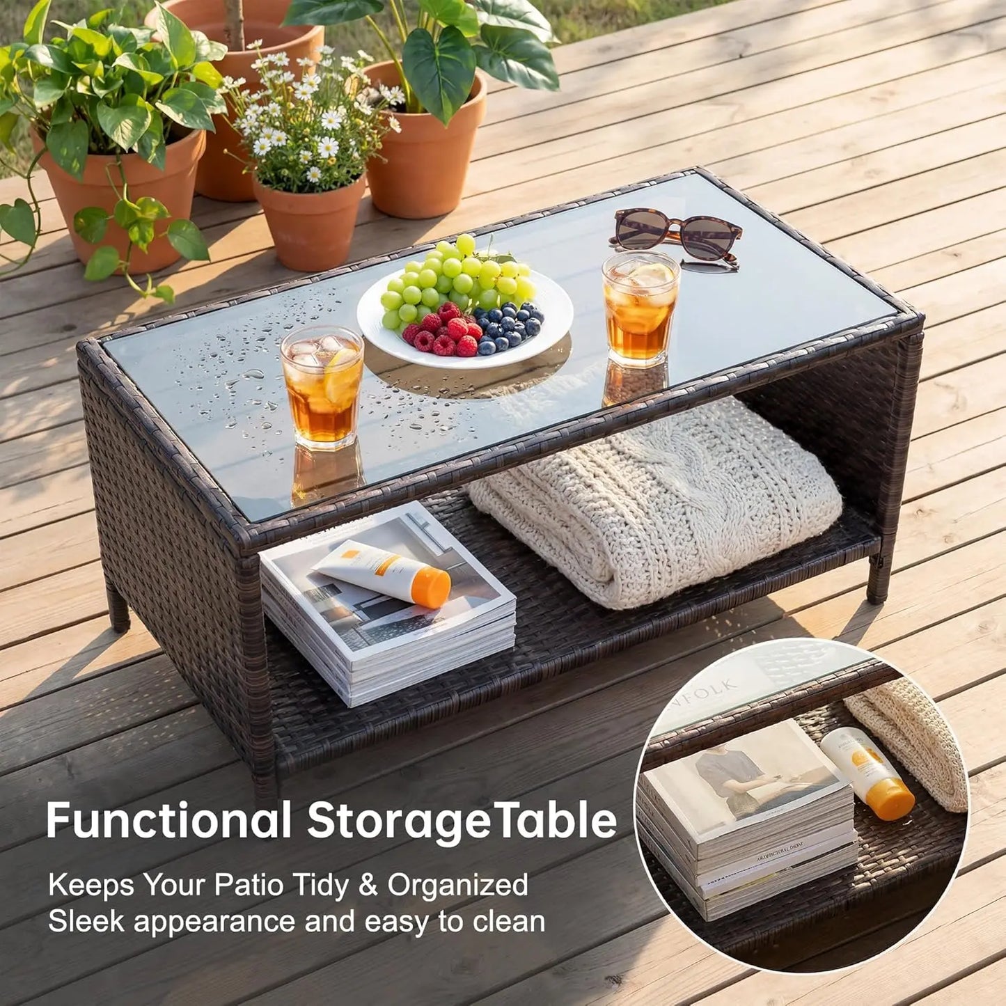 All-Weather PE Rattan 4-Piece Patio Conversation Set With Glass Table