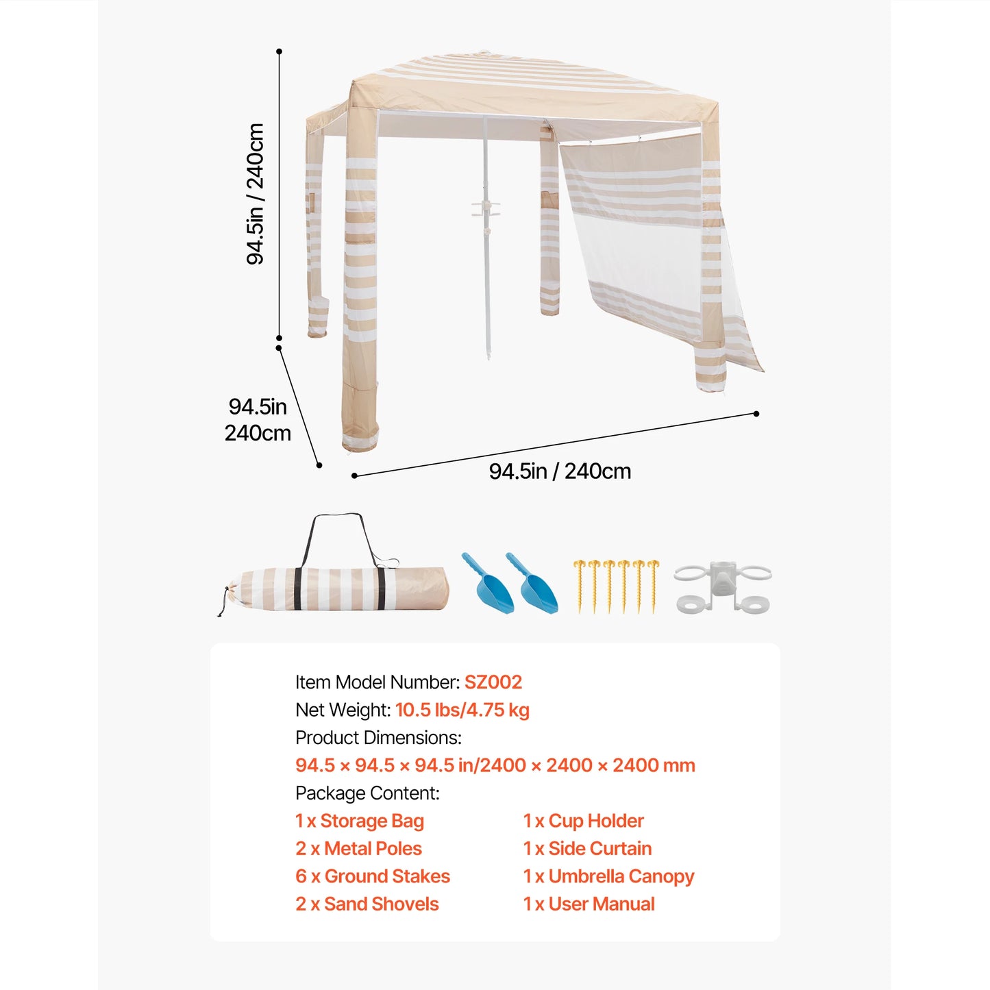 VEVOR Beach Cabana 6 x 6ft/8 x 8ft Beach Canopy with Side Wall Shade Sun Shelter Umbrella with Sand Pockets for Whole Family