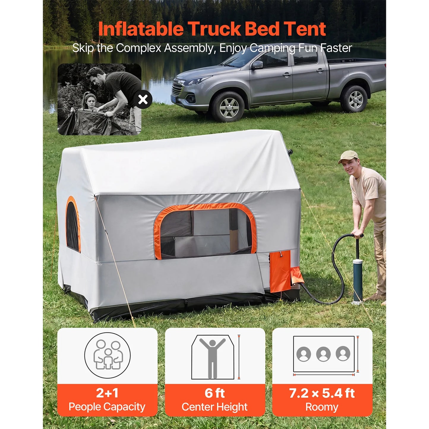 SucceBuy Inflatable Pickup Truck Tent 7.2 x 5.4 FT 3-Season Truck Bed Tent with Ventilated Mesh Windows for Hiking Activities