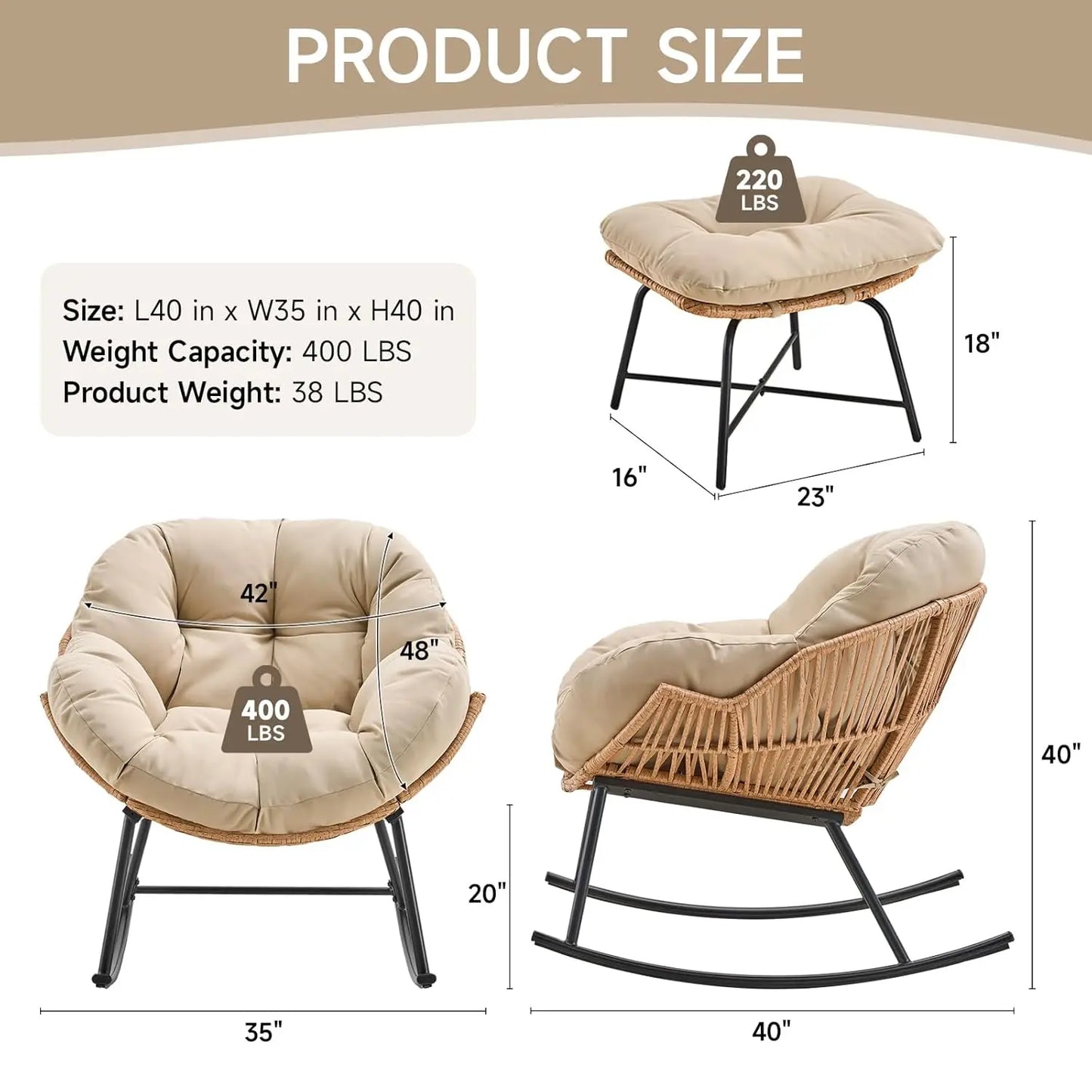 Papasan Rocking Chair With Ottoman For Indoor And Outdoor Living