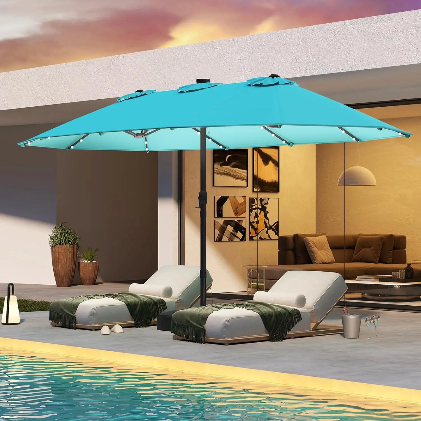 Double Sided Solar Patio Umbrella With 48 LED Lights