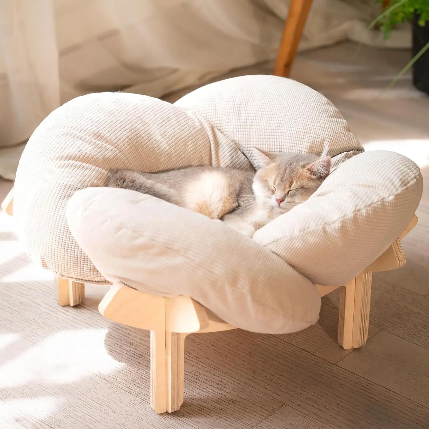 Elevated Cat Bed Wooden with Cushion Fluffy Pet Couch Sofa for Indoor Cats Raised Kitty Lounge Chair Suitable for