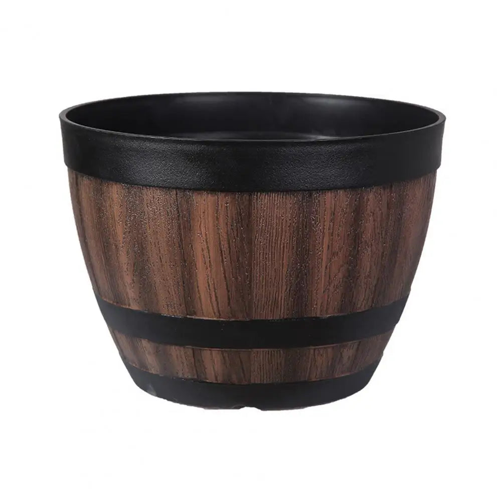 Rustic Faux Wood Whiskey Barrel Garden Planter With Drainage Holes
