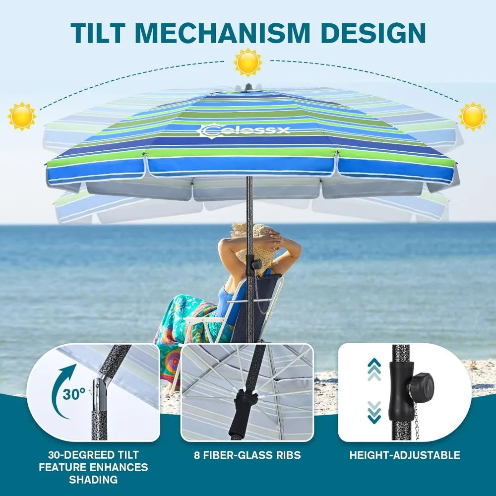 Heavy Duty Windproof Beach Umbrella with Sand Anchor UPF50 UV Tilt Portable Sun Shade for Outdoor Use