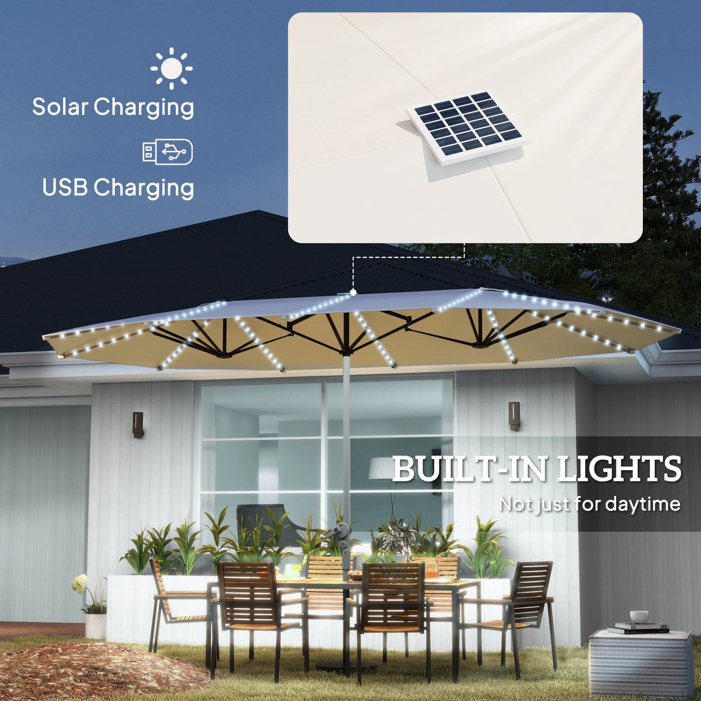 15ft Patio Umbrella Solar Lights UPF50+ Outdoor Umbrella Cream