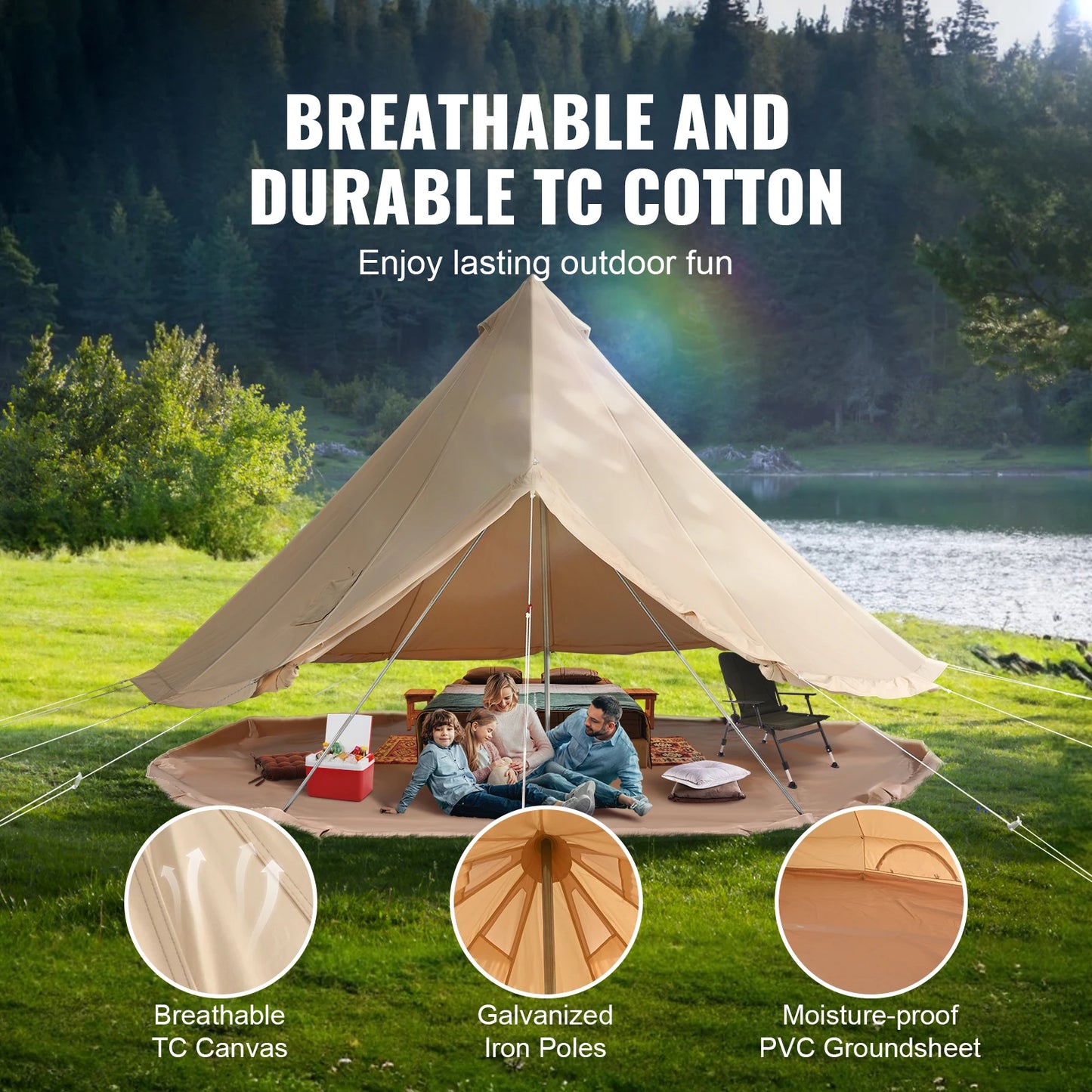 SucceBuy Canvas Bell Tent 4 Seasons 3/4/5/6/7m Yurt Tent Canvas Tent for Camping with Stove Breathable Tent Holds up to 8People