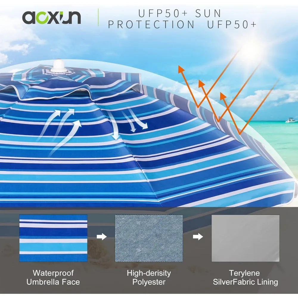 65FT Beach Umbrella Tilt Pole Sand Anchor Carry Bag UPF50 Sun Shelter Air Vents Outdoor Navy White