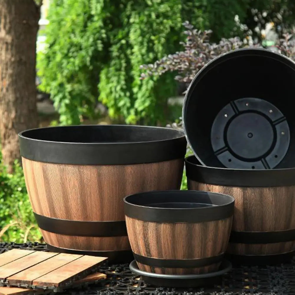 Rustic Faux Wood Whiskey Barrel Garden Planter With Drainage Holes